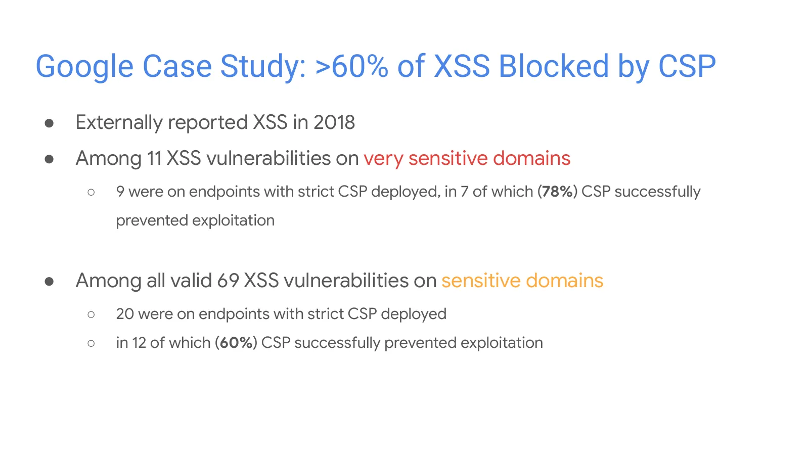 Slide 13: Google Case Study: >60% of XSS Blocked by CSP