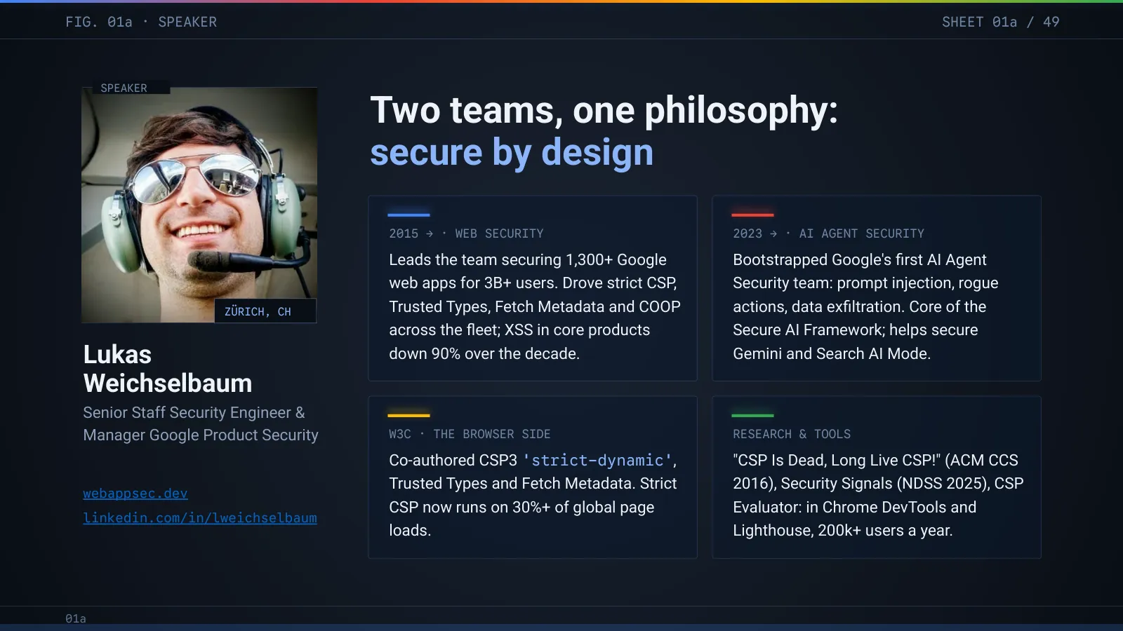 Slide 2: Speaker: Lukas Weichselbaum, Google Product Security. Two teams, one philosophy: secure by design