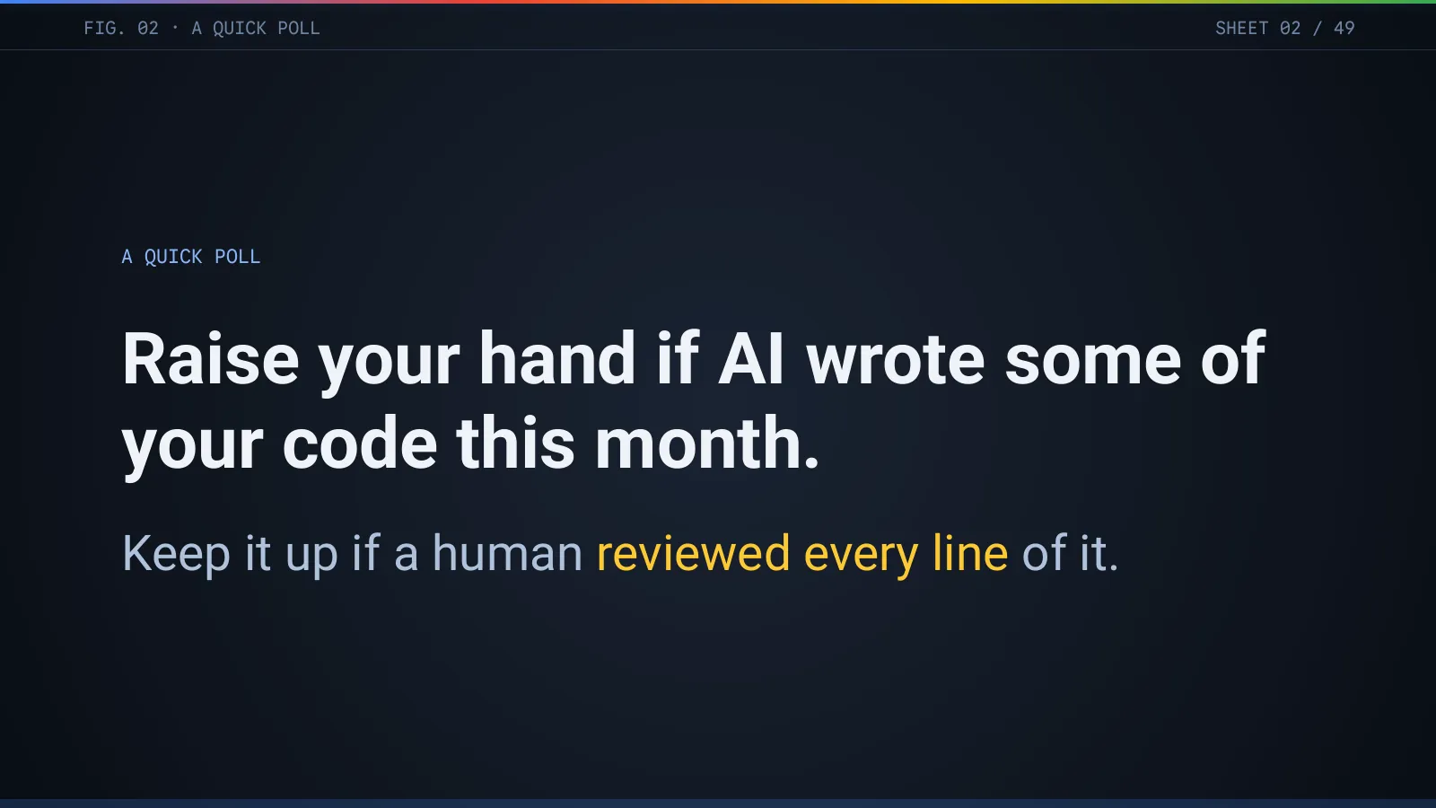 Slide 3: A quick poll: raise your hand if AI wrote some of your code this month