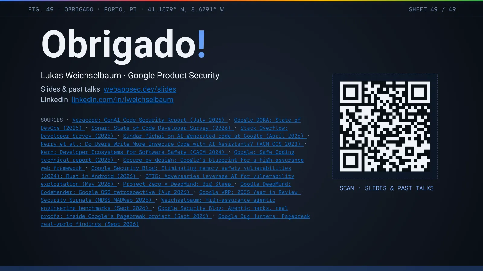 Slide 50: Obrigado! Slides and past talks at webappsec.dev/slides