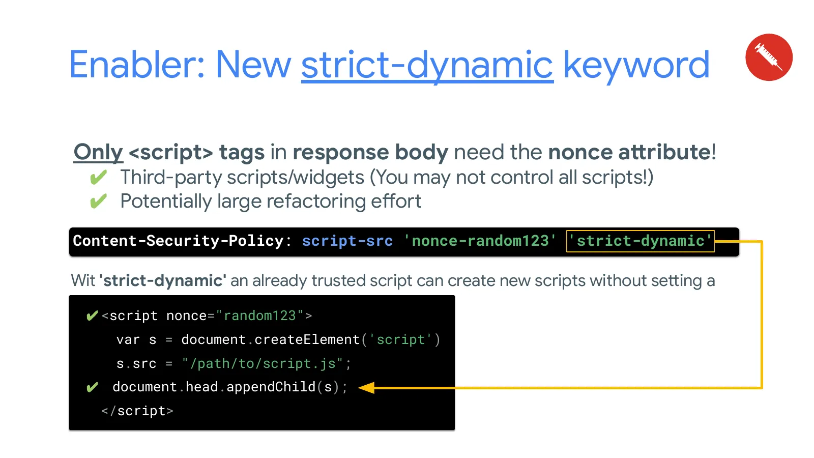 Slide 56: Enabler: New strict-dynamic keyword