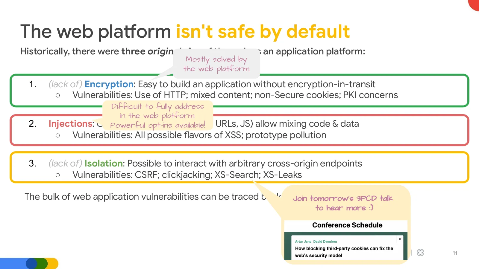 Slide 11: The web platform isn't safe by default (continued)
