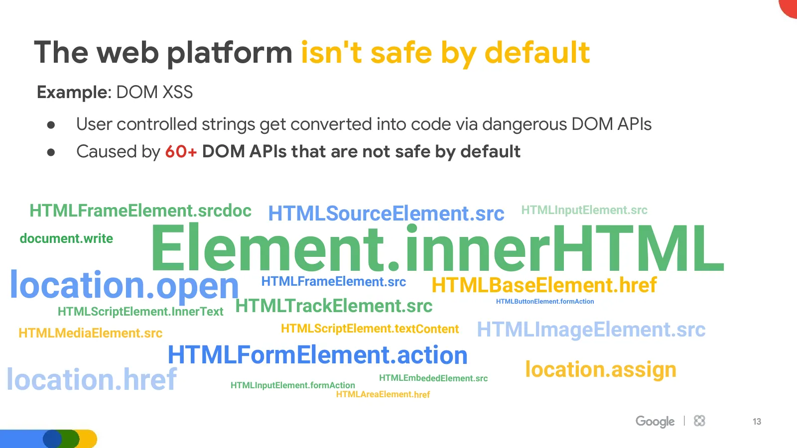 Slide 13: The web platform isn't safe by default