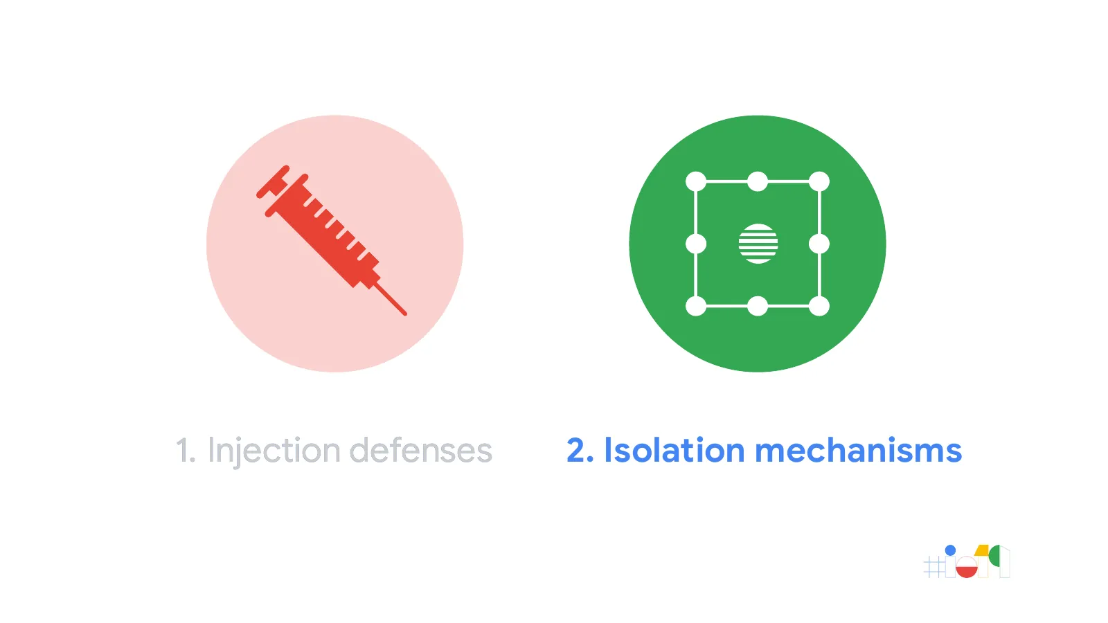 Slide 44: 1. Injection defenses 2. Isolation mechanisms