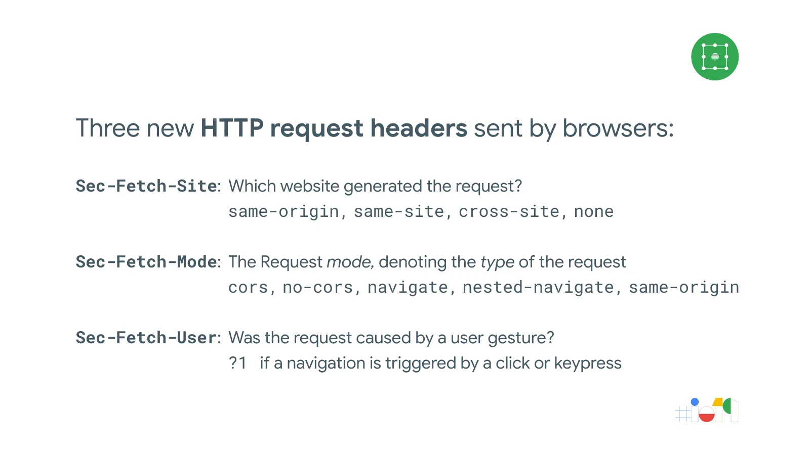 Slide 49: Three new HTTP request headers sent by browsers: