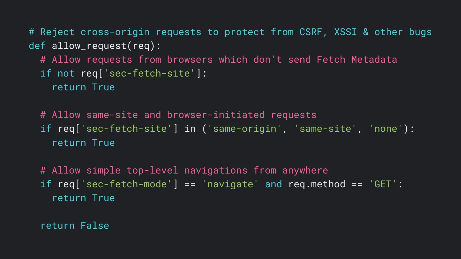 Slide 51: # Reject cross-origin requests to protect from CSRF, XSSI & other bugs