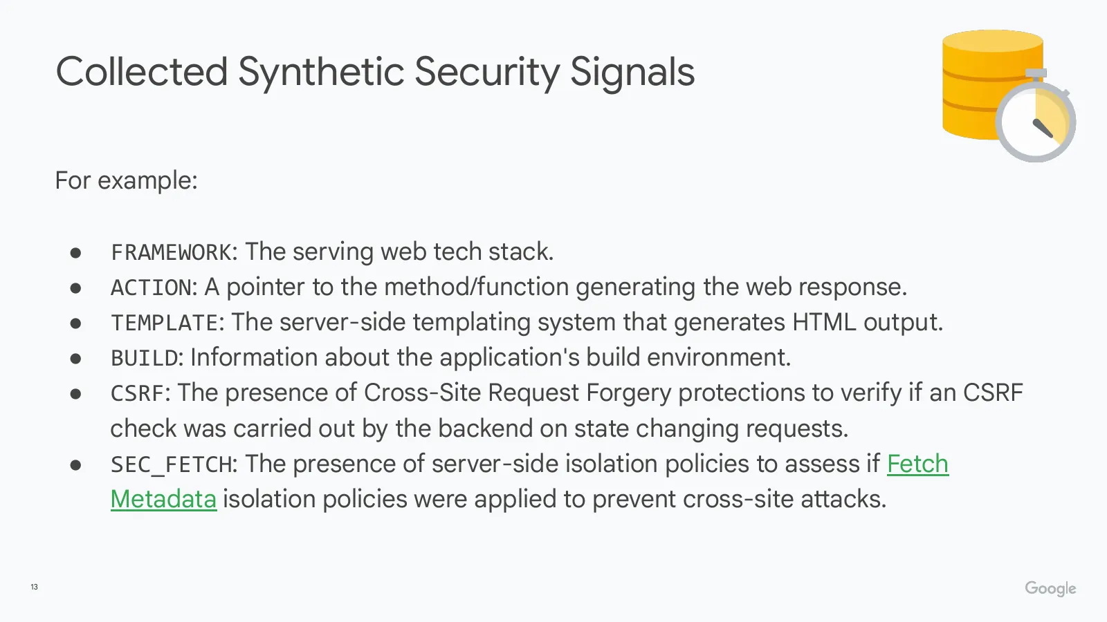 Slide 13: Collected Synthetic Security Signals