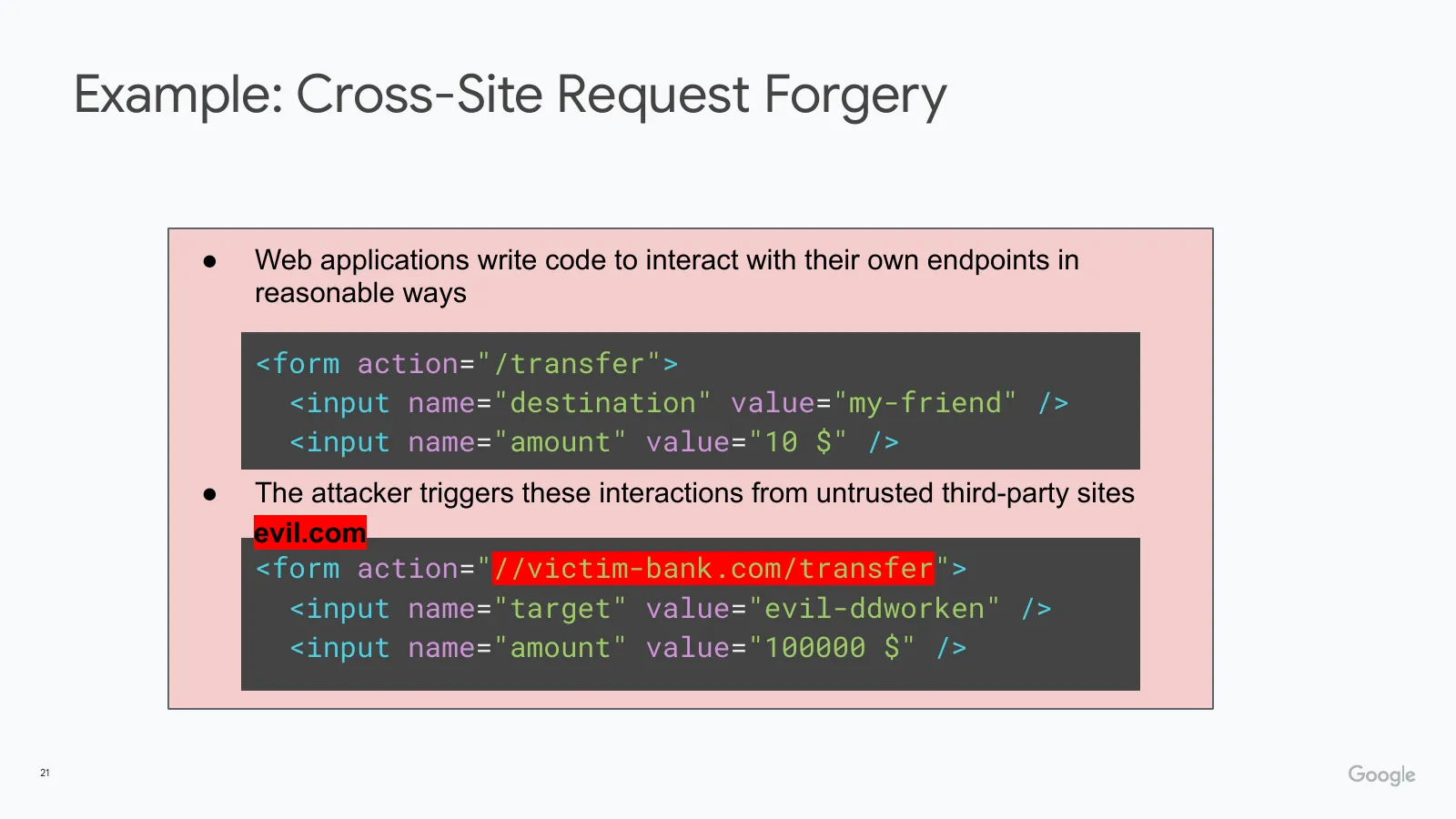 Slide 21: Example: Cross-Site Request Forgery
