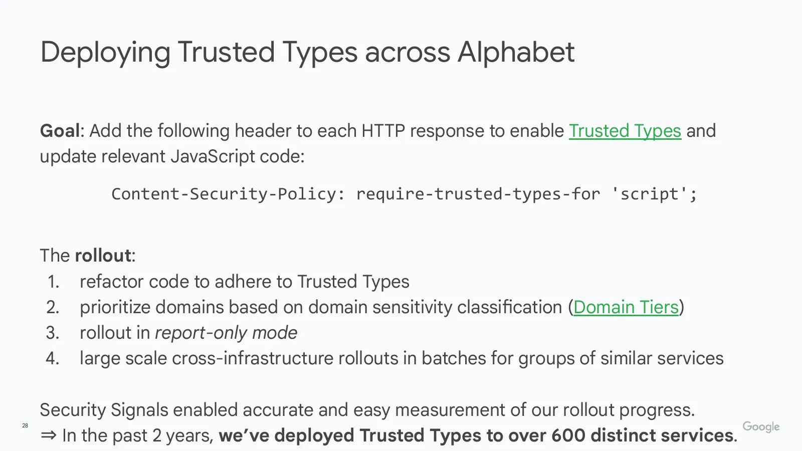 Slide 28: Deploying Trusted Types across Alphabet (continued)